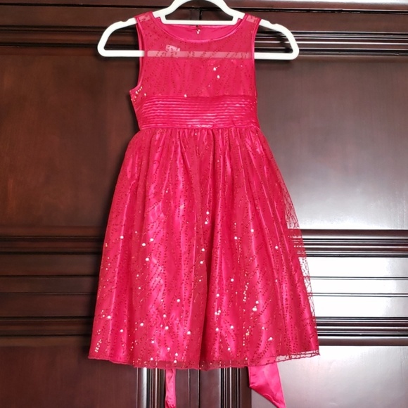 Red sequin holiday dress with satin waist tie - Picture 2 of 7